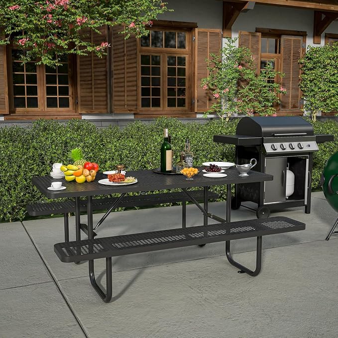 Coated Steel Heavy Duty Picnic Table for Outdoors 2200 lbs Load, Rectangular Camping Table with 1.78" Umbrella Hole, Commercial Picnic Table with Benches, Black