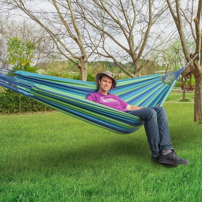 VALUE BOX Brazilian Double Hammock Cotton Hammock, Extra Long and Wide Hammock for Travel, Backyard, Porch, Outdoor or Indoor, w/Portable Carrying Bag (Blue)
