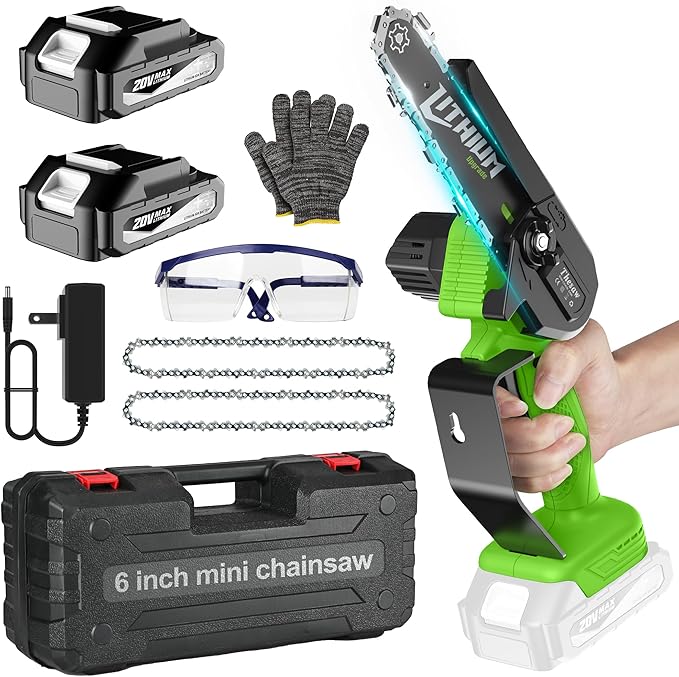 Fostex Mini Chainsaw Cordless, 6 Inch Handheld Electric Chain Saw, 2×2Ah Batteries & 2 Chains, Lightweight Small Tree Trimmer for Wood Cut, Yard & Garden, Ideal Gift for Dad, Men & Women (Green)