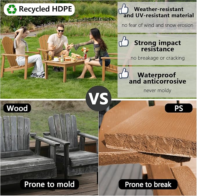 nevilywood Compact Stackable Adirondack Chairs,All Weather HDPE,380lb,Teak | 26.3" Wide HDPE.All-Weather Outdoor.Maintenance-Free.Stackable for Storage.25°Curved Straight Backrest.Quick Assembly
