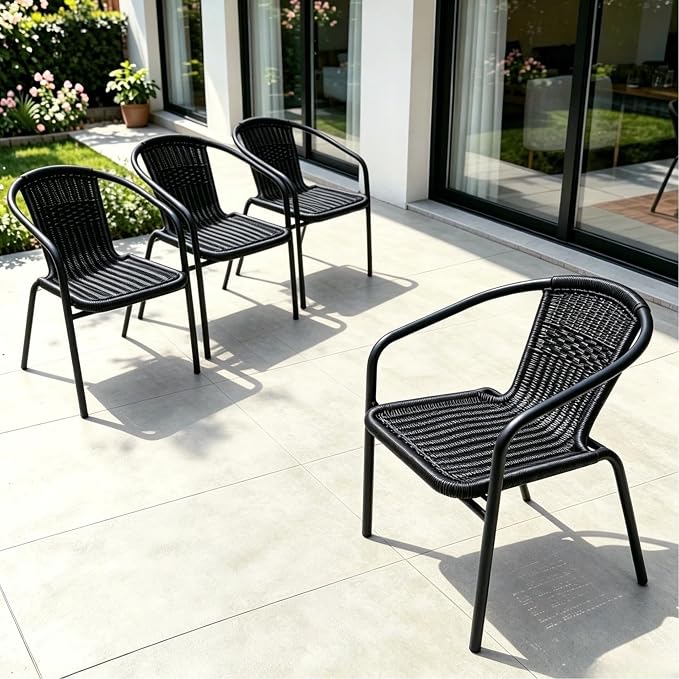 8 Pack Black Stackable Outdoor Rattan Chairs, All-Weather Patio Seating for Balcony Porch Lawn, Small Patio Furniture Set for Front Porch Decor & Outdoor Spaces