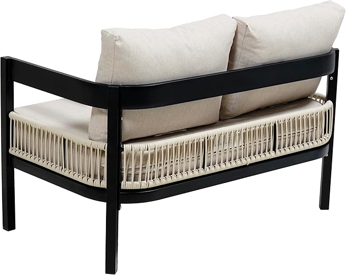 4-Pieces Outdoor Patio Sofa Set with Coffee Table, All-Weather Conversation Set with Thick Cushions and Pillows for Garden Backyard Balcony, Iron Frame&Wood Tabletop (Beige-3.17)