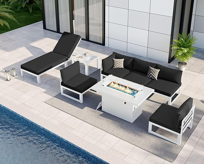 NICESOUL 6 People Large Luxury Aluminum Patio Conversation Set with Lounge & Fire Pit Table, 29" Deep Wide Modular Sectional Couch, 500 lbs Heavy Duty All Weather Outdoor Sofa for Poolside Deck, Black