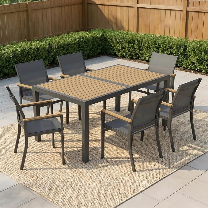 Aluminum Outdoor Table for All-Weather, 59" Patio Tables with Heavy Duty HDPS Rectangular Tabletop, Outside Table with Quick-Drying Slatted Design for Porch, Patio, Garden, Deck, Poolside, Backyard
