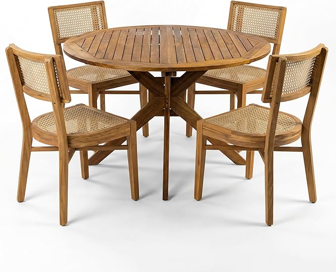 Christopher Knight Home Neeko Acacia Wood Patio Dining Set for 4, Solid Wood Outdoor Dining Table Set for 4, Round Dining Table and Chairs Set of 4, Teak+Light Brown