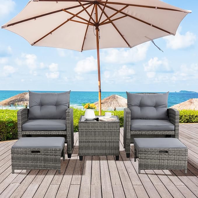 Vongrasig 5 Piece Patio Furniture Set, Small Balcony Furniture, PE Wicker Rattan Patio Chairs Set of 2, Outdoor Lounge Chairs with Cushions Ottomans &Glass Table for Porch Garden(Light Grey)