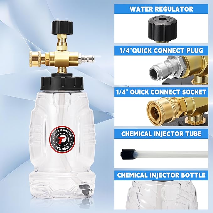 Tool Daily Chemical Injector for Pressure Washer, Adjustable Chemical Injector Bottle with Straw, Black Soap Nozzle, 1/4” Quick Connect, 3600 PSI