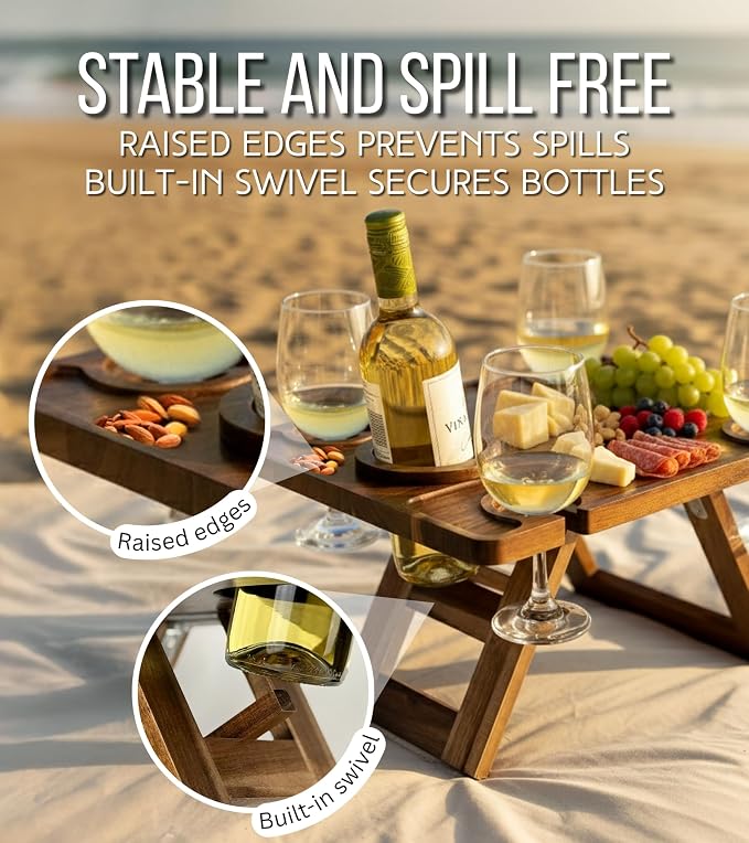 Portable Wine Picnic Table in Acacia Wood, Wine Charcuterie Board with Glass Holders, Outdoor Folding Wine Table for Beach, Park & Indoor Use, Gift for Wine Lovers