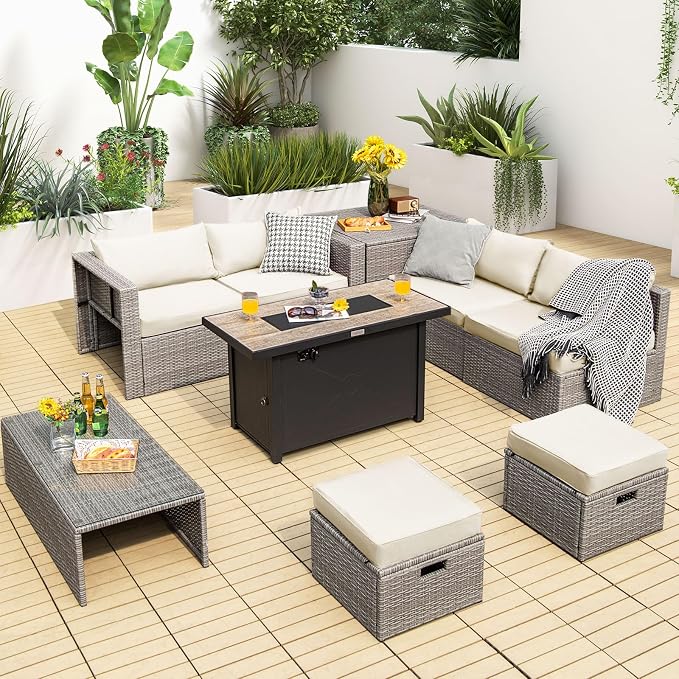 Tangkula 9 PCS Patio Furniture Set with 42” 60,000 BTU Fire Pit, Outdoor Space-Saving Sectional Sofa Set with Storage Box, Waterproof Covers Included