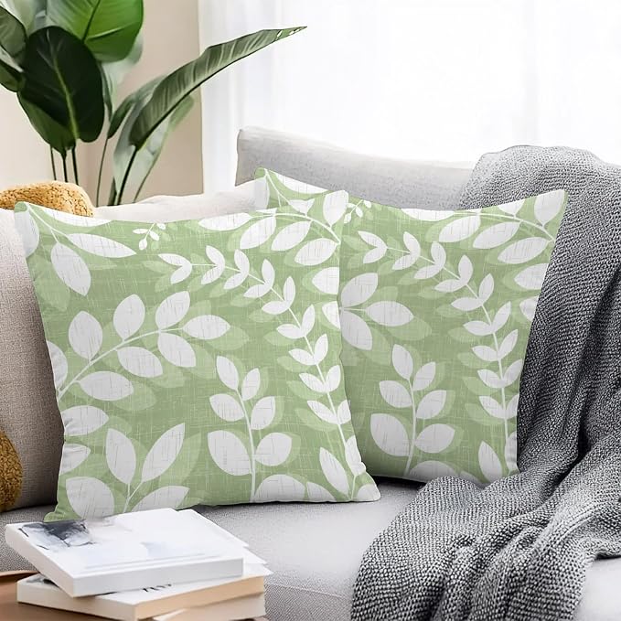 Olive Green Leaves Outdoor Waterproof Throw Pillow Covers 24x24 Set of 2, Farmhouse Botanical Branch Vintage Boho Decorative Pillowcases Cushion Pillowcase for Couch Sofa Patio Pillow Protector