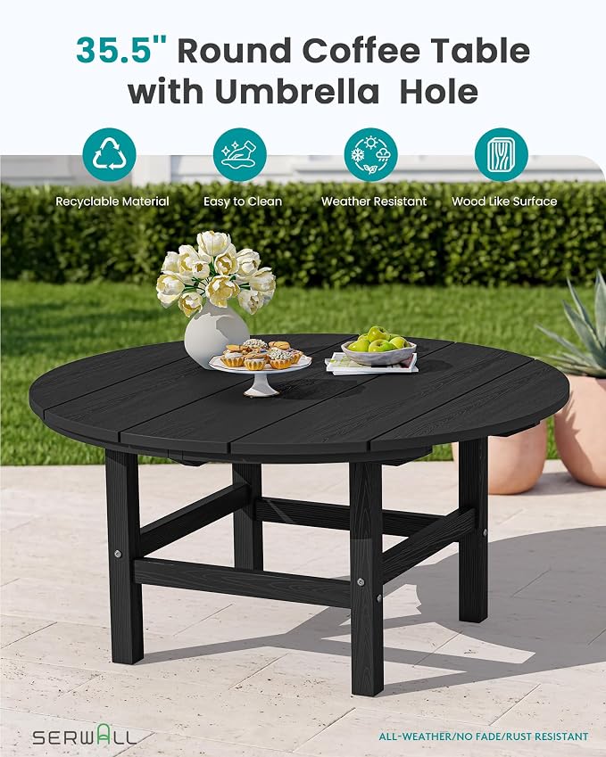 SERWALL 35.5'' Round Outdoor Table with Umbrella Hole, HDPE Weatherproof Coffee Table, Black