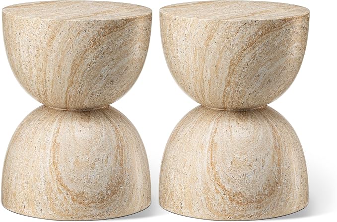 Glitzhome Outdoor Side Table, Round Small End Table with Terrazzo Finish MGO Hourglass Garden Stool, Set of 2 Lightweight Decorative Accent Table for Living Room Planter Stand Patio Backyard Porch