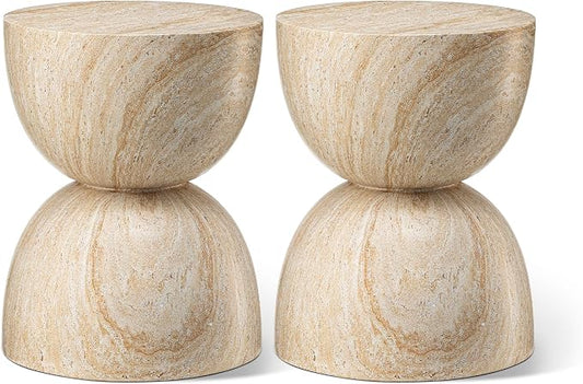 Glitzhome Outdoor Side Table, Round Small End Table with Terrazzo Finish MGO Hourglass Garden Stool, Set of 2 Lightweight Decorative Accent Table for Living Room Planter Stand Patio Backyard Porch