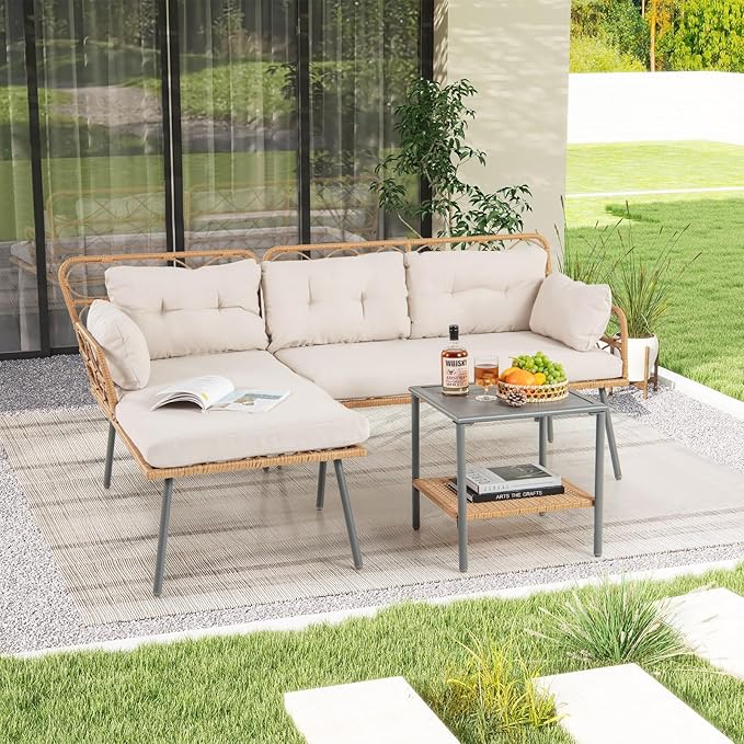 Tangkula 3 Pieces Corner Patio Furniture Set, PE Rattan L-Shaped Cushioned Sofa Set with Small Coffee Table, Outdoor Conversation Set for Garden, Backyard, Lawn, Porch (Off White)