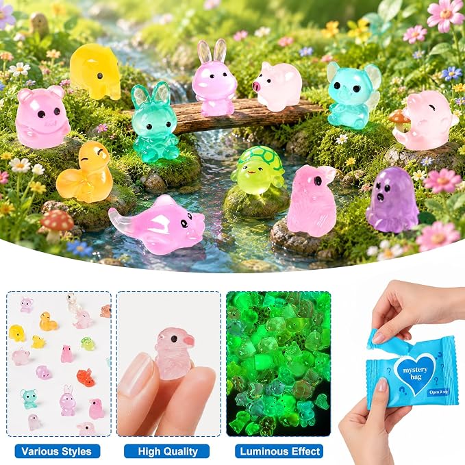 50pcs Luminous Mini Resin Animals, Resin Animals Mystery Bags, Individually Wrapped Blind Bags, Glow in The Dark Tiny Animal Figurines for Fairy Garden, Aquarium, Party Favors & Home Decor Crafts