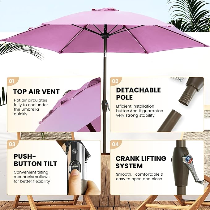Ayge 7.5FT Large Outdoor Patio Umbrella Market Table Umbrella-UV Resistant, Easy Push Button Tilt and Crank, 6 Sturdy Fiberglass Ribs Heavy-Duty Pool Umbrella for Deck, Backyard,Garden, Yard,Purple
