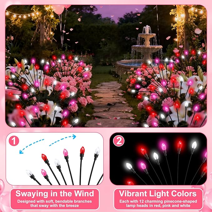 Rossesay 4 Pcs St Patricks Day Outdoor Decorations Solar Lights Waterproof Green 48 LED Swaying Pathway Firefly Stake Lights for Outside Yard Garden Lawn Decorations(Pink White,Pine Cone)