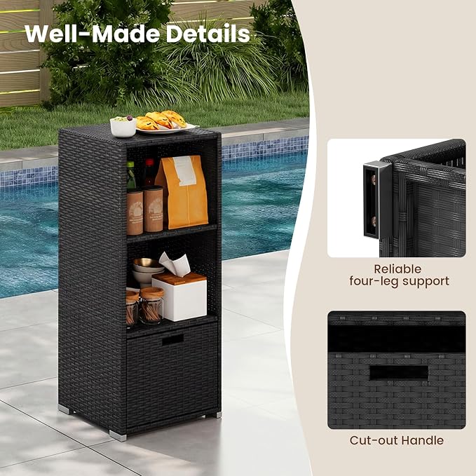Tangkula Rattan Outdoor Storage Cabinet, Patiojoy Outdoor Wicker Cabinet with 3 Shelves, 1 Removable Drawer, Patio Storage Deck Box for Backyard Poolside Porch