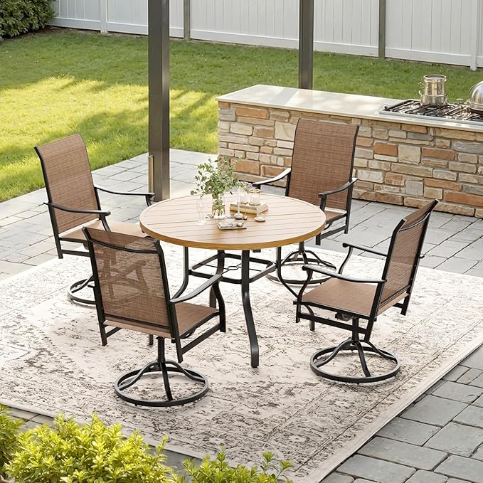 Soohow Patio Dining Set for 4, 5-Piece Round Outdoor Dining Set 4 x Swivel Patio Chairs and 41" Round Outdoor Dining Table with 1.57" Umbrella Hole, Wood-Like, for Poolside, Backyard