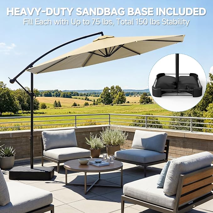 SUNYRISY 10ft Outdoor Patio Umbrella with Base Included, Large Cantilever Offset Umbrella with Sandbag Base Included for Deck, Pool, Porch, and Backyard Shade, Easy to Tilt and Crank