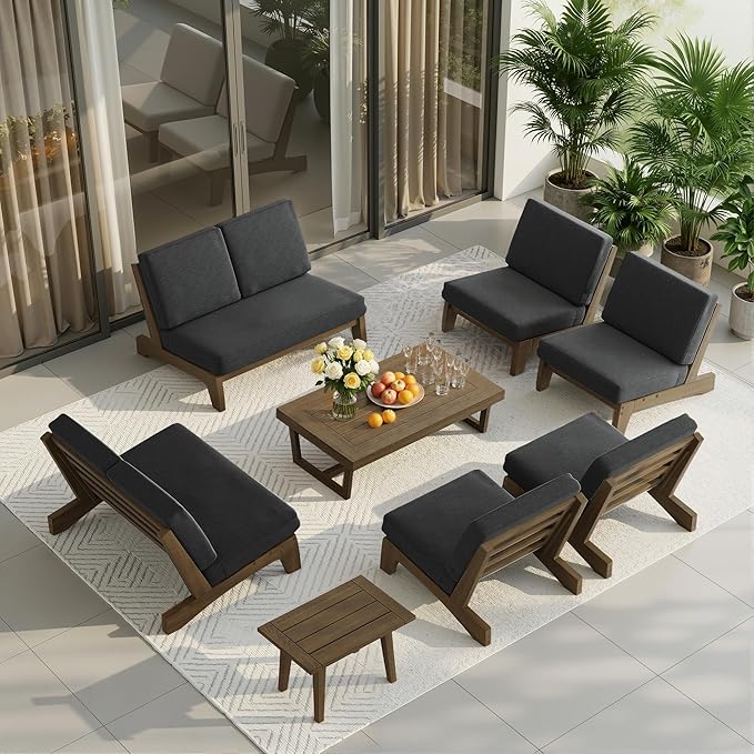 UIXE 8 Pieces All Weather Wood Patio Furniture Sets, 2 Patio Loveseat, 4 Patio Bistro Chair, Outdoor Sectional Sofa Furniture Backyard Conversation Set with Coffee Table - Dark Gray