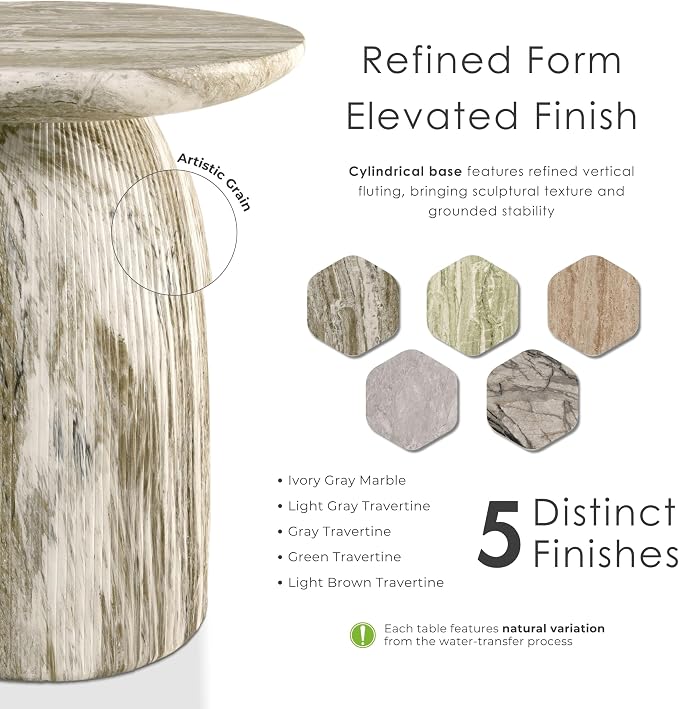24/7 Shop at Home Ranera Modern 17-inch Natural Stone Side Table with Round Pedestal Base, Marble Nightstand, Fluted Patio End Table, for Living Room, Covered Outdoor Spaces, Balcony, Gray Travertine