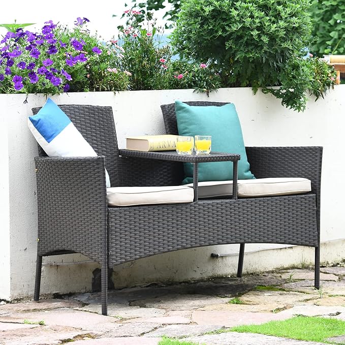 Tangkula Outdoor Rattan Loveseat with Built-in Coffee Table, 2-Person Patio Conversation Set with Cushions & Table, Modern Patented Wicker Sofa Set, Wicker Sofa for Garden Lawn Backyard, Beige