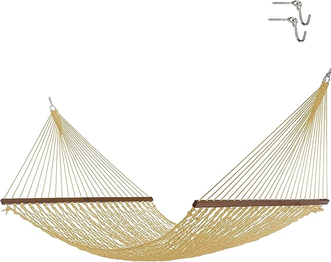 Nags Head Hammocks Admiral Tan DURACORD Rope Hammock – 13 ft. x 65 in., 2-Person, 450 lb Capacity, Cumaru Spreader Bar, Free Chains & Tree Hooks, Handcrafted in The USA