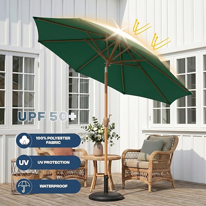 9ft Outdoor Patio Umbrella, Market Table Umbrella with Crank and Easy Push Button Tilt, Wood Grain Frame, UPF 50+ for Pool, Garden, Deck, Backyard