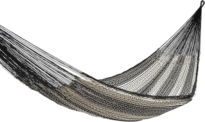 NOVICA Black White Striped Nylon Hand Woven Mayan Rope 2 Person XL Hammock, 'Night Stripes' (Double)