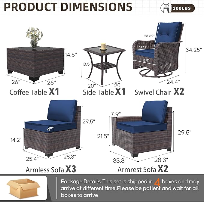 Patio Furniture Set 9 Pieces Outdoor Swivel Rocking Chairs Sofa Set,PE Rattan Wicker Patio Conversation Set with Thickened Cushions and Glass Coffee Table,NavyBlue