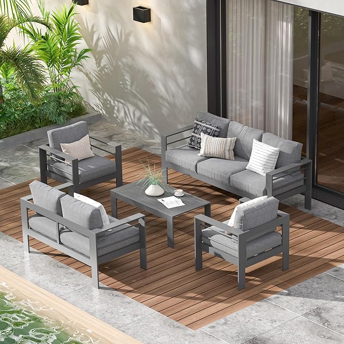 Wisteria Lane Aluminum Patio Furniture Set for All Weather, Oversized Metal Outdoor Furniture Set with 27.5" Deep Seat and 10" Back Cushion, Patio Conversation Sets with Wide armrest, Dark Grey