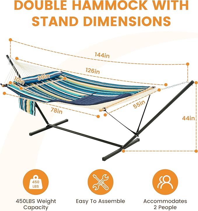 Lazy Daze Hammocks 2 Person Portable Hammock with 12FT Stand, Double Hand Woven Cotton Rope Hammock with Detachable Quilted Pad & Pillow for Outside, 450lb Capacity, Beach Stripes