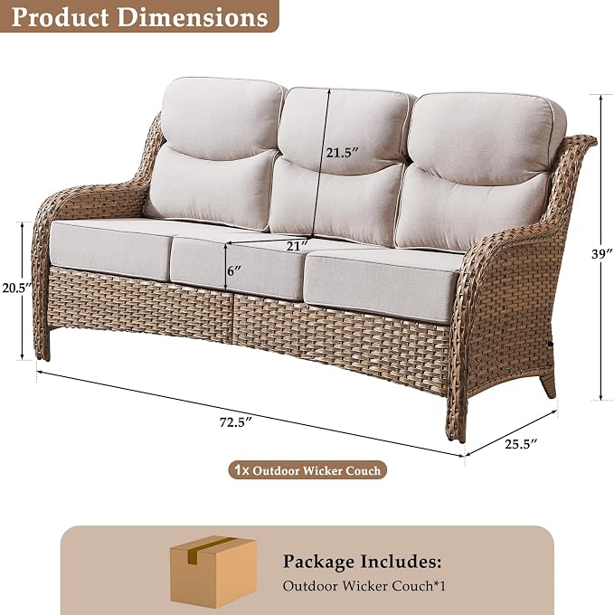 71'' Patio Couch Outdoor Wicker Sofa, Heavy Duty All-Weather Rattan 3-Seater Sofa with Deep Seating and Removable Cover, Outdoor Patio Furniture for Deck Porch Sunroom Backyard Yellow/Beige