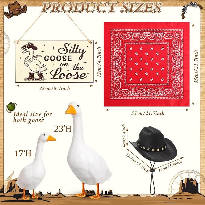 Funny Porch Goose Outfit Decoration Set Silly Goose on The Loose Hangings Sign Cowboy with Outfit Cowboy Hat Bandana for 23" Cement/Plastic Outdoor Statue Patio Yard Lawn Art(Red,Black)