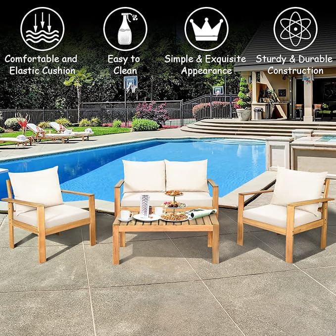 Tangkula Outdoor 8-Piece Acacia Wood Chat Set, 8 Seater Acacia Wood Conversation Sofa and Table Set with Water Resistant Cushions, Teak Finished (2, White)