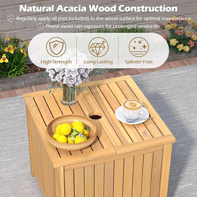 HAPPYGRILL Outdoor Side Table with Umbrella Hole, Acacia Wood End Table with Storage, Removable Base, Patio Storage Box for Backyard, Balcony, Poolside (Square)