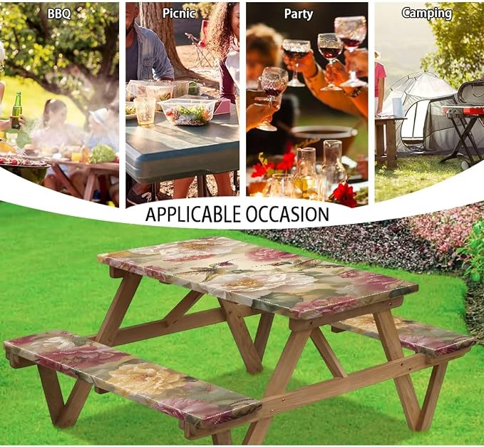 Hummingbird Picnic Table Cover with Bench Covers, Washable Outdoor Camping Essentials Fitted Picnic Table Cover with Bench Covers Suitable for Summer Outdoor Camping