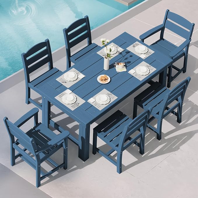 SERWALL HDPE Outdoor Dining Table and Chairs Set for 6 | with Armless Chair Seat