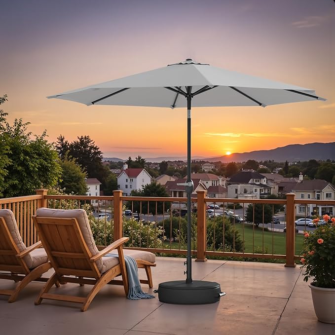 Greesum Outdoor Patio Umbrella with Base, Table Umbrella with 8 Sturdy Ribs, Push Button Tilt and Crank, Market Table Parasol for Garden, Lawn, Backyard & Pool, White