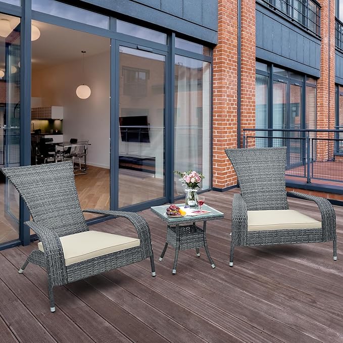 Tangkula 3-Piece Wicker Adirondack Set, Ergonomic Oversized Rattan Chairs w/Coffee Table, Comfy Seat Cushions, Tempered Glass Tabletop, Patio Conversation Set for Porch (Wicker, 3-pc)