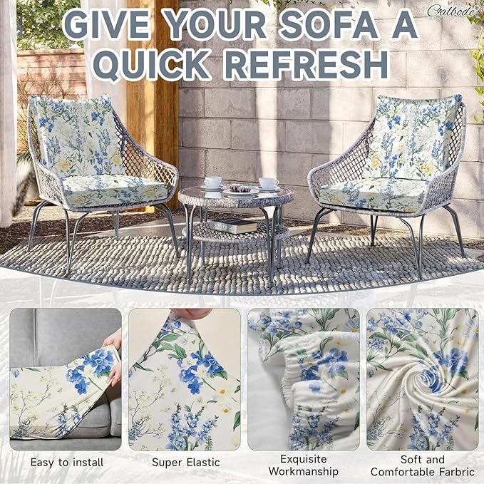 CALBODE 14 Pcs Stretch Outdoor Seat Cushion Covers, Washable Chair Seat Cover for Patio Furniture Cushions Soft Indoor and Outdoor Couch Cover Replacement (Bluebell, Cover Only)