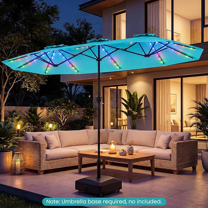Tangkula 13 Ft Solar Patio Umbrella, Double-Sided Extra Large Outdoor Market Table Umbrella with Multi-Colored Flowing LED Lights, Crank Handle, 12 Sturdy Ribs for Poolside, Garden & Backyard (Turquoise)