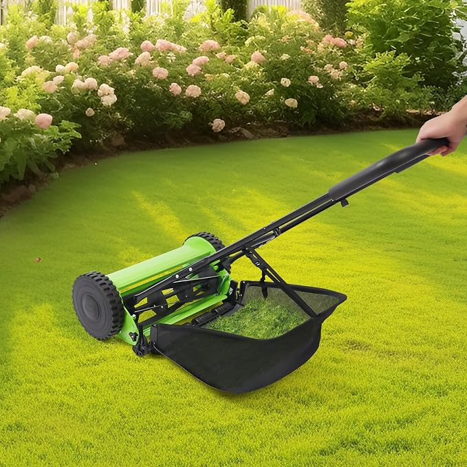 Push Reel Lawn Mower 15.75-Inch Manual with Adjustable Height and Grass Catcher for Small Medium Lawns Yards Home Use