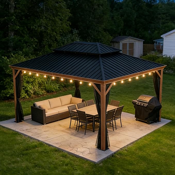 PURPLE LEAF 10' X 16' Outdoor Hardtop Gazebo for Patio Galvanized Steel Double Roof Permanent Canopy Teak Finish Coated Aluminum Frame Pavilion Gazebo with Netting and Lights