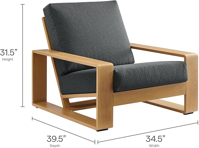 Modway Lirienne Aluminum Faux Wood 4-Piece Outdoor Furniture Set in Charcoal Natural – Patio Conversation Set with 3-Seater Sofa, 2 Armchairs & Coffee Table