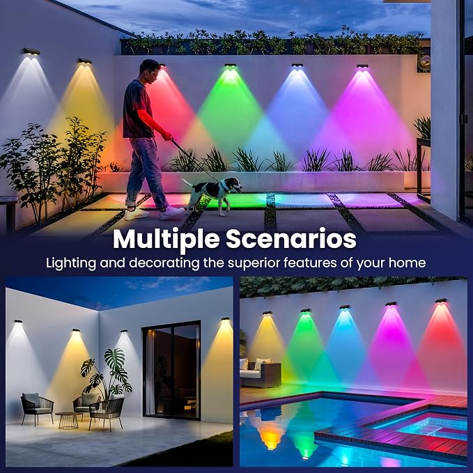Solar Fence Lights Outdoor, Color Changing, Waterproof IP65, 16 Pack | 11 Modes, 9 Colors 50 LM Solar Lights Waterproof with LED Focus Lens for Wall Backyard Deck Patio Porch Step Pool Decor
