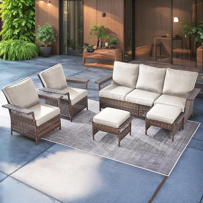 Outdoor Wicker Patio Furniture Set - 5 Piece Rattan Patio Conversation Sets with 2 Wicker Chairs,2 Ottomans and 1 Sofa for Porch Deck Garden(Brown/Beige)