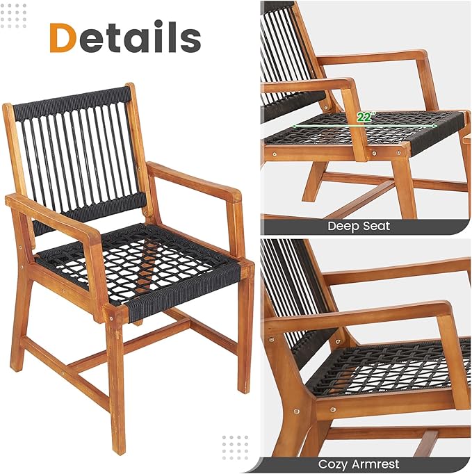 Tangkula 3 Pieces Acacia Wood Outdoor Furniture Set, All-Weather Rope Woven Bistro Set with Armchairs and Coffee Table, Patio Conversation Set for Front Porch, Deck, Balcony