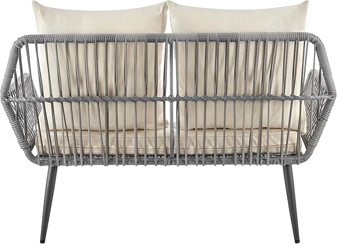 Manhattan Comfort Portofino 4-Piece Patio Conversation Set, Rope Wicker Design with Waterproof Cushions | Outdoor Furniture Includes 2 Armchairs, Loveseat & Coffee Table with Tempered Glass Top, Cream